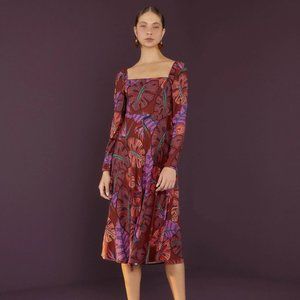 FARM Rio Red Delicate Leaves Midi Dress (NWT)
